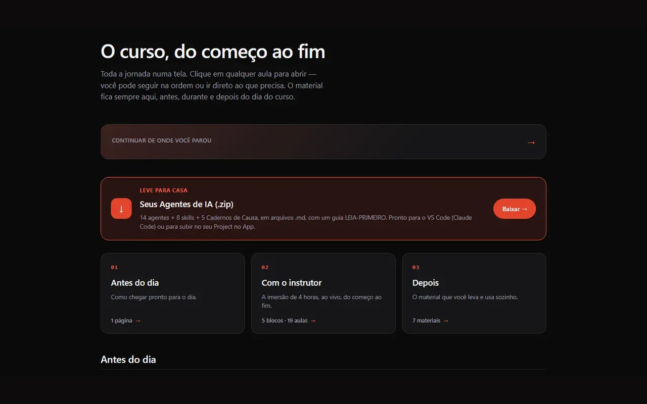 Tela do curso: a jornada inteira numa página, com o pacote de colaboradores digitais para a organização baixar