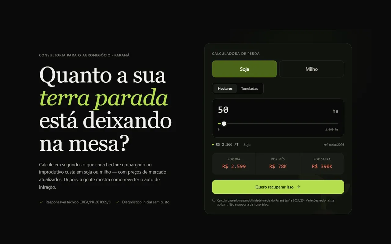 Tela da consultoria ambiental: calculadora que mostra, por dia, por mês e por safra, quanto a terra parada custa ao produtor